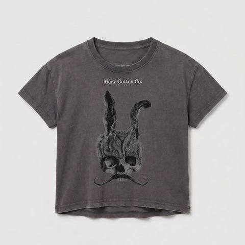 Dark gray t-shirt with a skull and bunny ears graphic, "Mary Cotton Co." text above.
