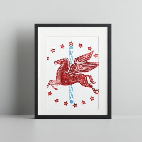 Red Pegasus with Stars and Candy Cane Art Print