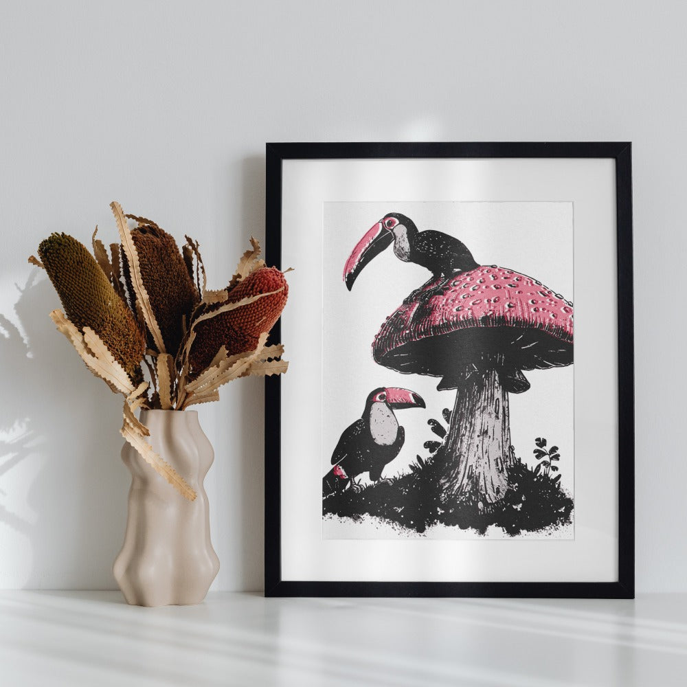 Toucans on Mushroom Art Print for Modern Home Decor