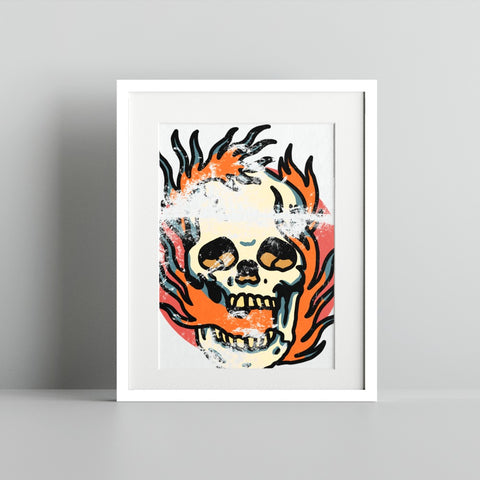 Flaming Skull Art Print with Distressed Design Artwork