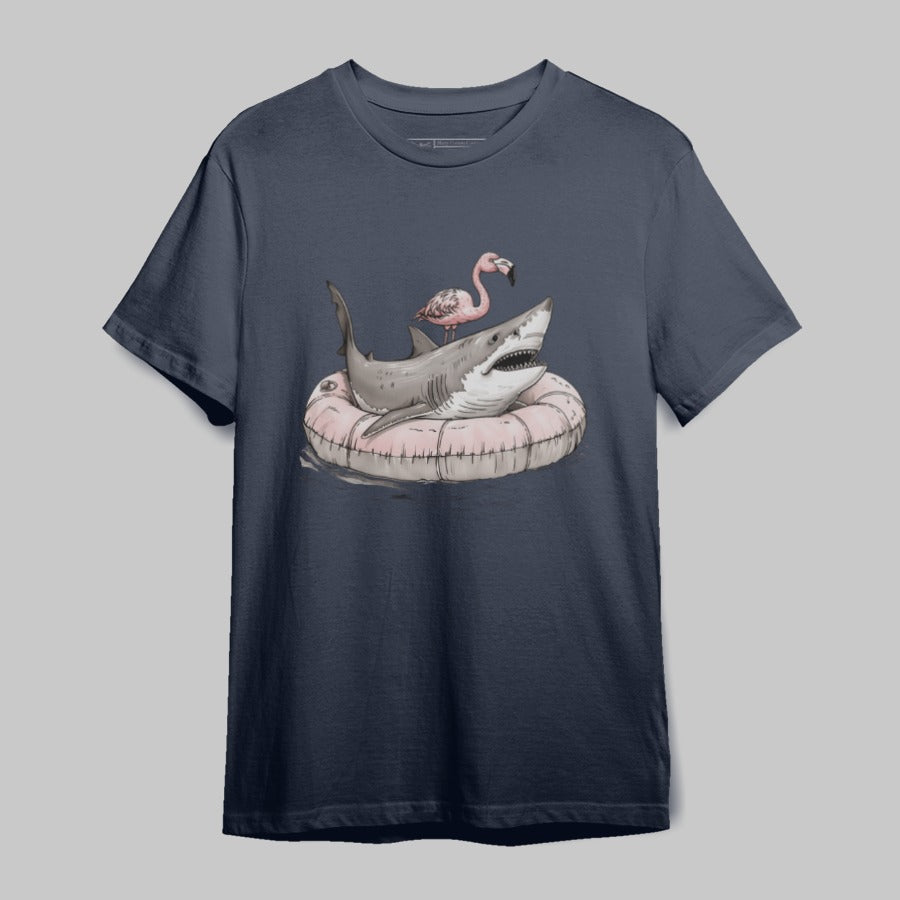 Flamingo Shark Inflatable Art Dark Graphic T-Shirt