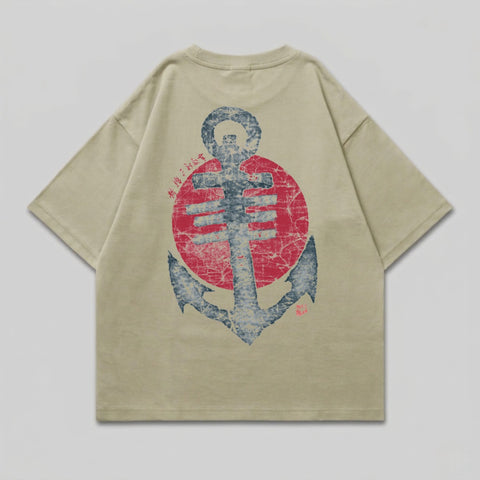 T-shirt with distressed anchor and sun graphic on back.