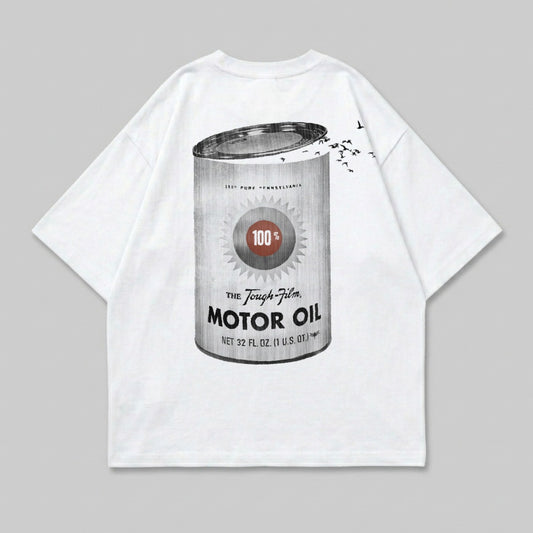 White t-shirt with a vintage motor oil can graphic.