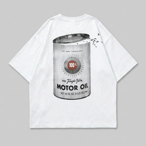 White t-shirt with a vintage motor oil can graphic.