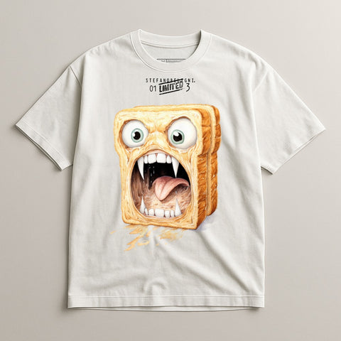 White t-shirt featuring a cartoon slice of toast with a monstrous face and open mouth.