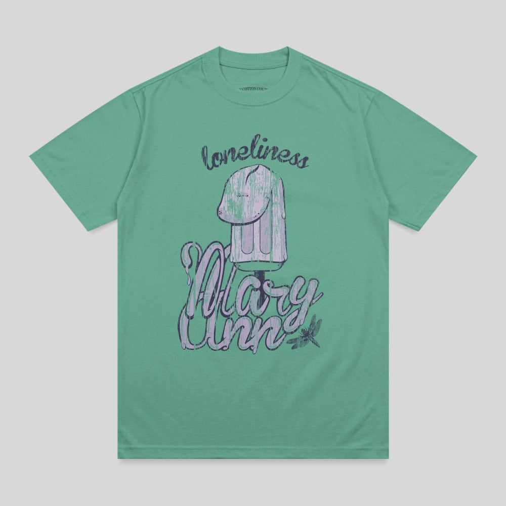 Green t-shirt with "loneliness Mary Ann" text and an ice pop graphic.