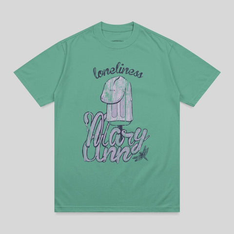 Green t-shirt with "loneliness Mary Ann" text and an ice pop graphic.