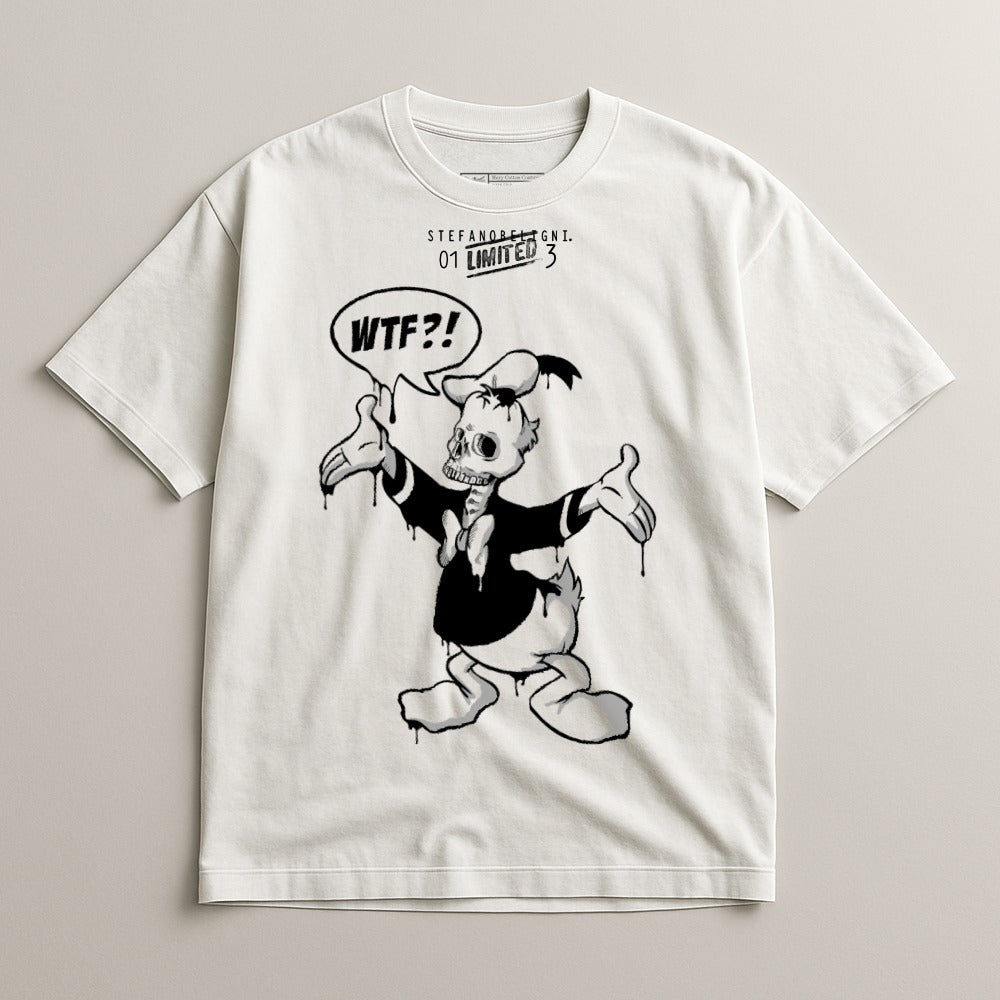 Cartoon Duck Graphic Tee with WTF Speech Bubble