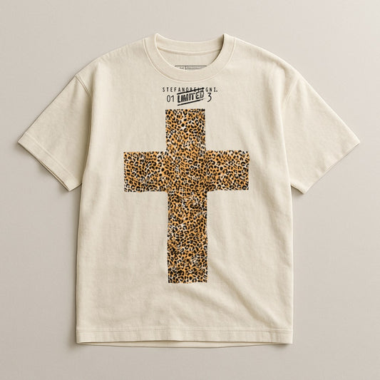 Graphic Cross Print T-shirt with Leopard Design