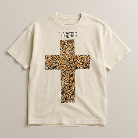 Graphic Cross Print T-shirt with Leopard Design