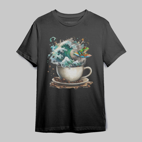 Artistic Frog Surfing in Coffee Cup Graphic T-shirt