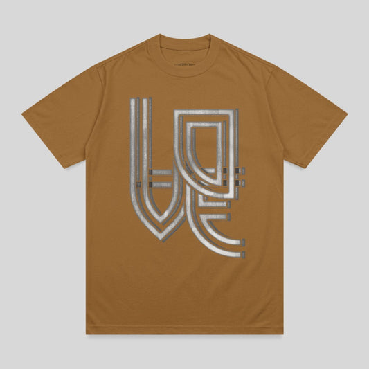 Brown t-shirt with a silver geometric abstract design.