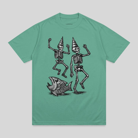 Two skeletons in party hats dance with a fish.