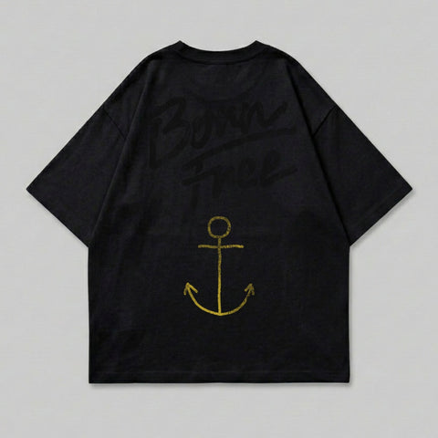 Black t-shirt with yellow anchor and "Born Free" text on back.