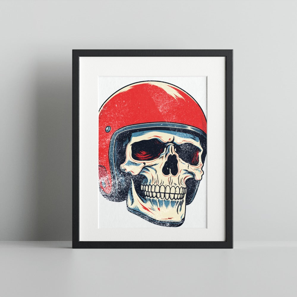 Skull Wearing Red Helmet Artwork Framed Poster Print