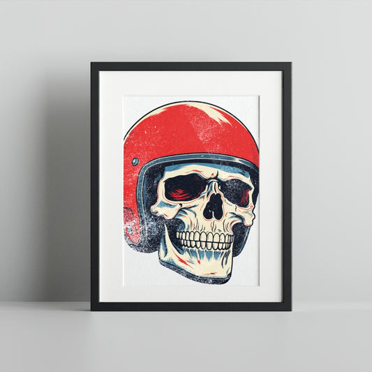Skull Wearing Red Helmet Artwork Framed Poster Print