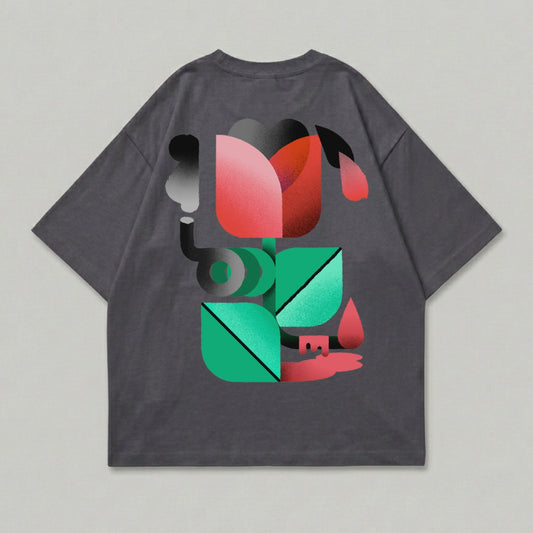 Dark grey t-shirt with abstract geometric floral graphic on back.