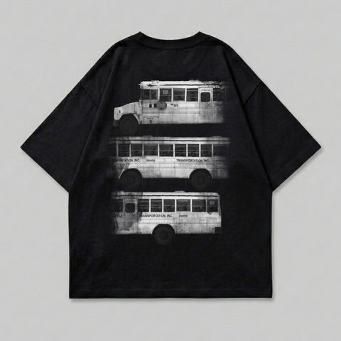 Black t-shirt with three stacked, stylized white buses printed on the back.