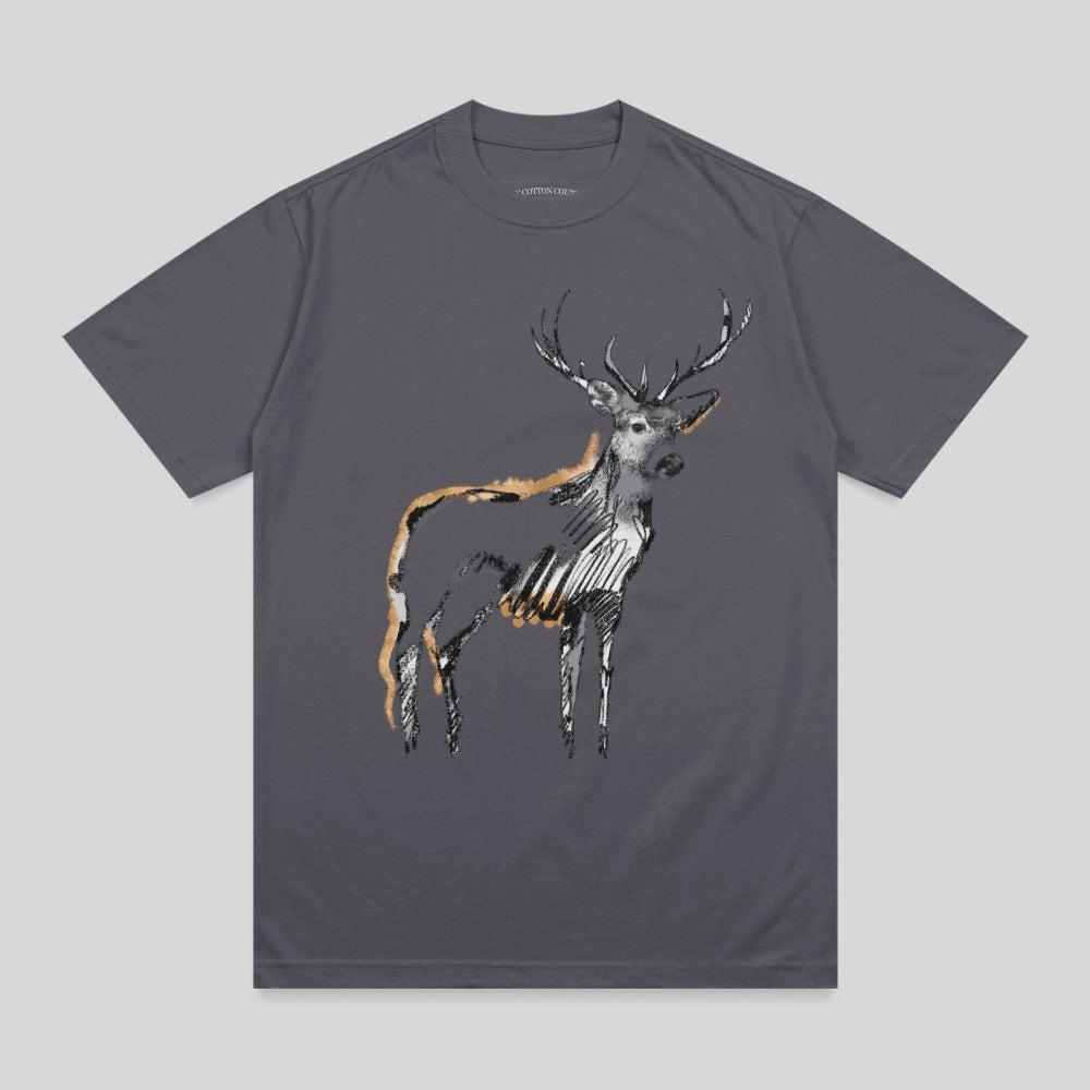 T-shirt with sketch of a deer in black, white, and orange.