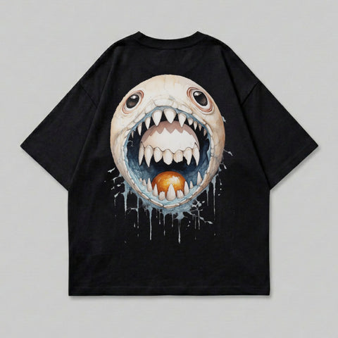 Black t-shirt with a cartoon monster face with sharp teeth and an orange sphere in its mouth.