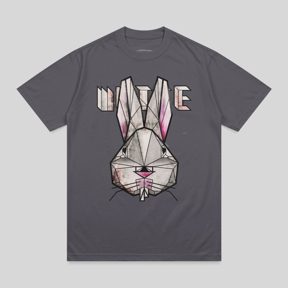 Geometric rabbit graphic on a dark grey t-shirt.