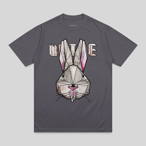 Geometric rabbit graphic on a dark grey t-shirt.