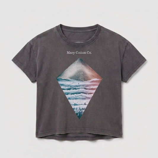 Gray t-shirt with a diamond graphic featuring a wave and mountain scene.