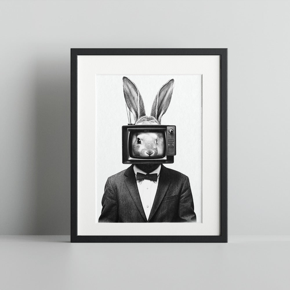Rabbit with TV Head in Suit and Bow Tie Print
