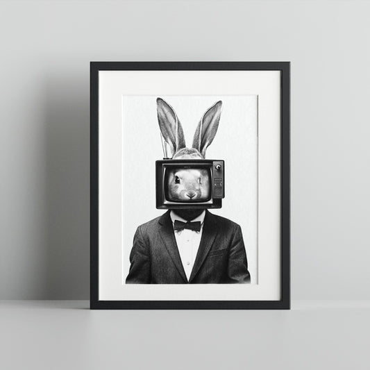 Rabbit with TV Head in Suit and Bow Tie Print