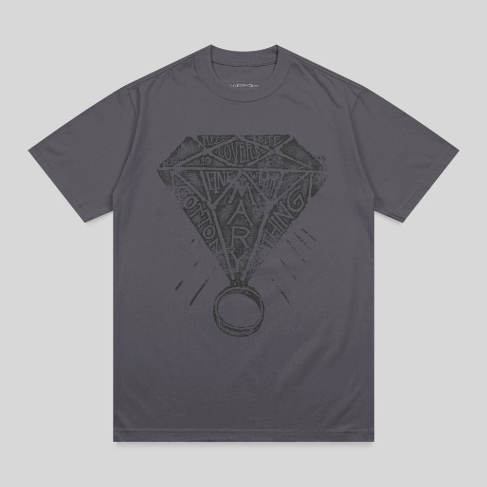 Gray t-shirt with diamond logo and text "Cotton Coin".