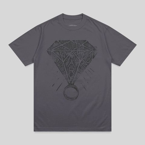 Gray t-shirt with diamond logo and text "Cotton Coin".