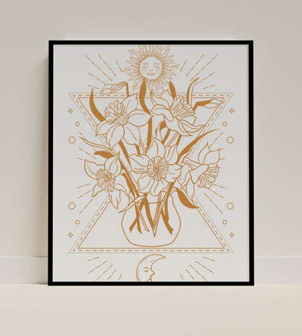 Sun and Flowers Illustration Framed Wall Art Poster