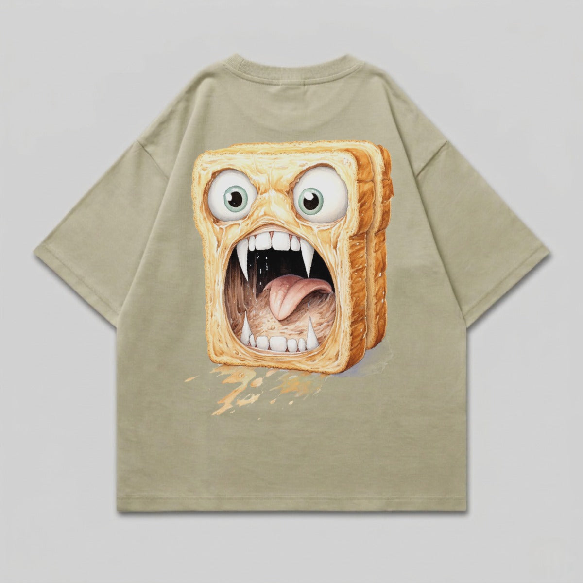 T-shirt with a cartoon slice of bread with a monstrous, screaming face.