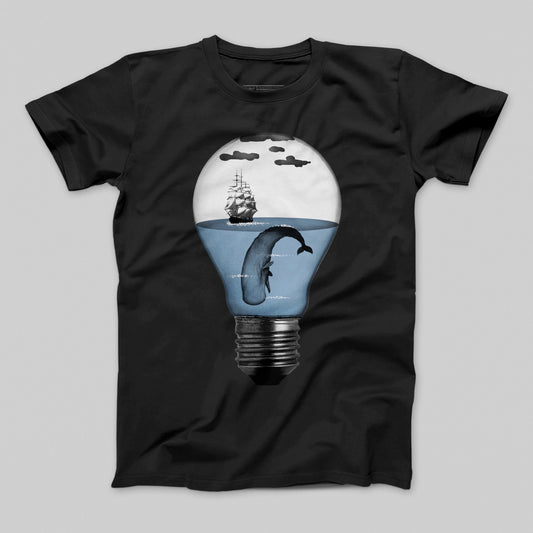 Creative Lightbulb Whale and Ship Graphic T-shirt