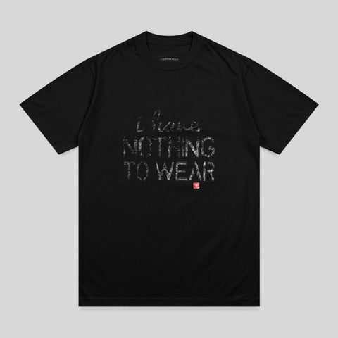 Black t-shirt with distressed white text "i have nothing to wear".