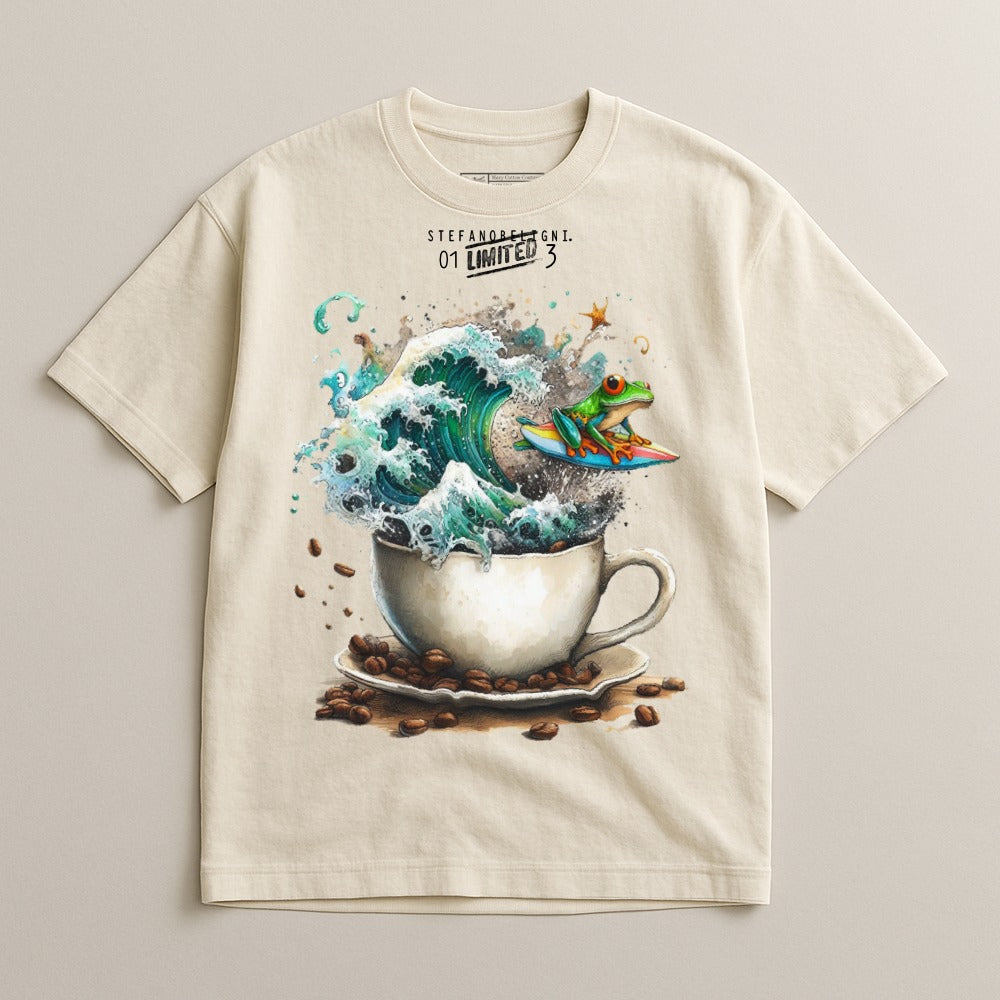 Whimsical Frog Riding Wave in Coffee Cup T-shirt