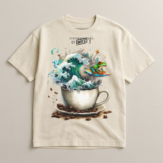 Whimsical Frog Riding Wave in Coffee Cup T-shirt