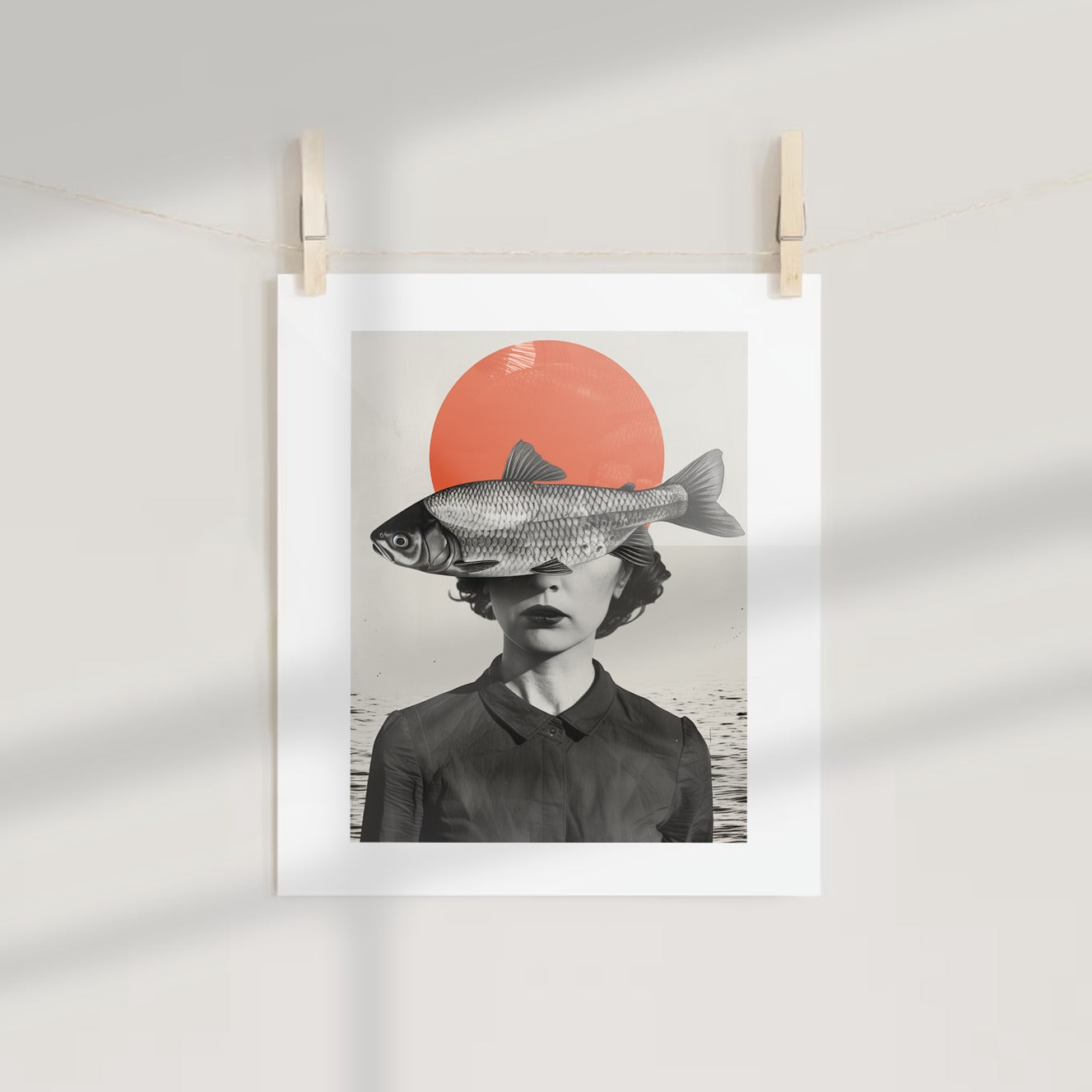 Abstract Art Print Woman with Fish over Face Poster