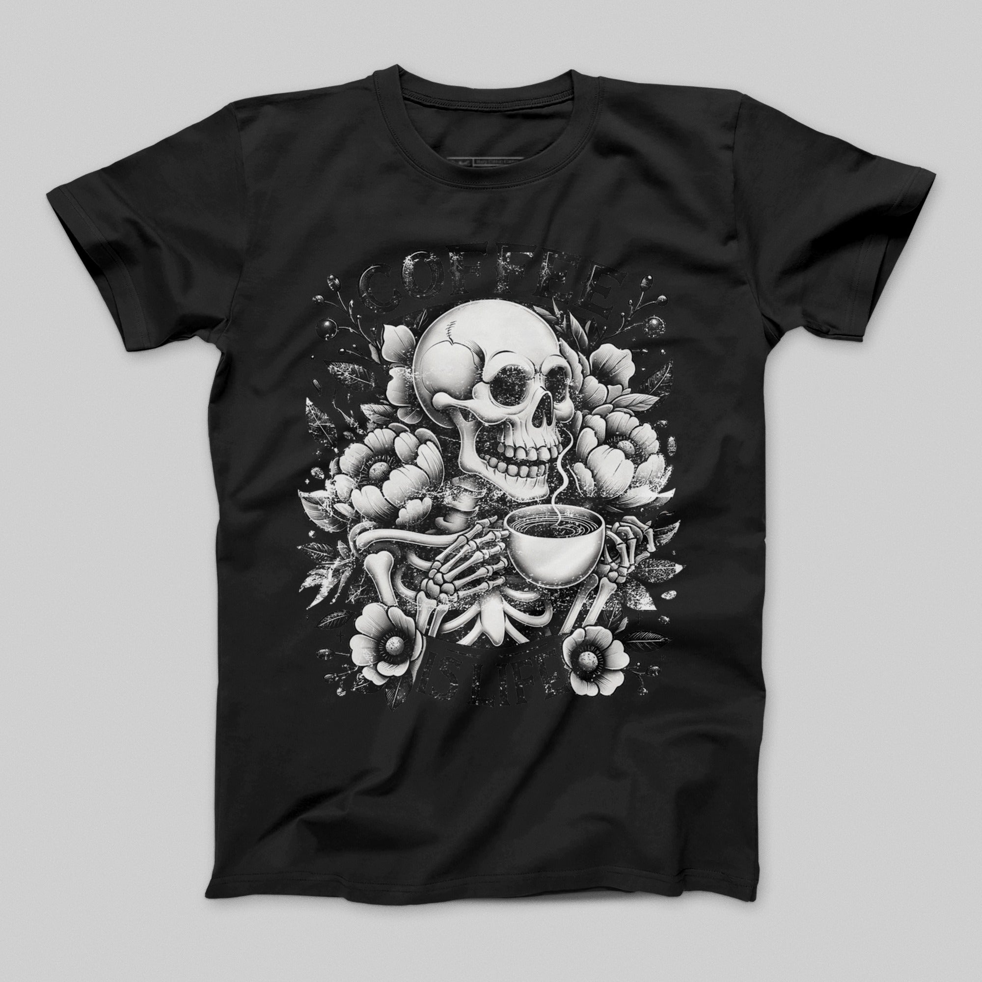 Coffee Skeleton Holding Cup Floral Design T-Shirt
