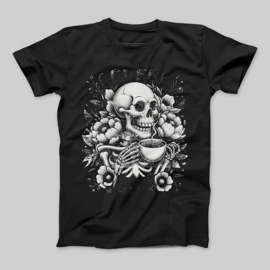 Coffee Skeleton Holding Cup Floral Design T-Shirt