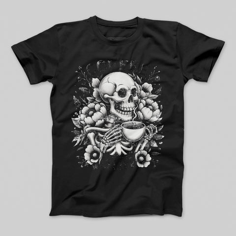 Coffee Skeleton Holding Cup Floral Design T-Shirt
