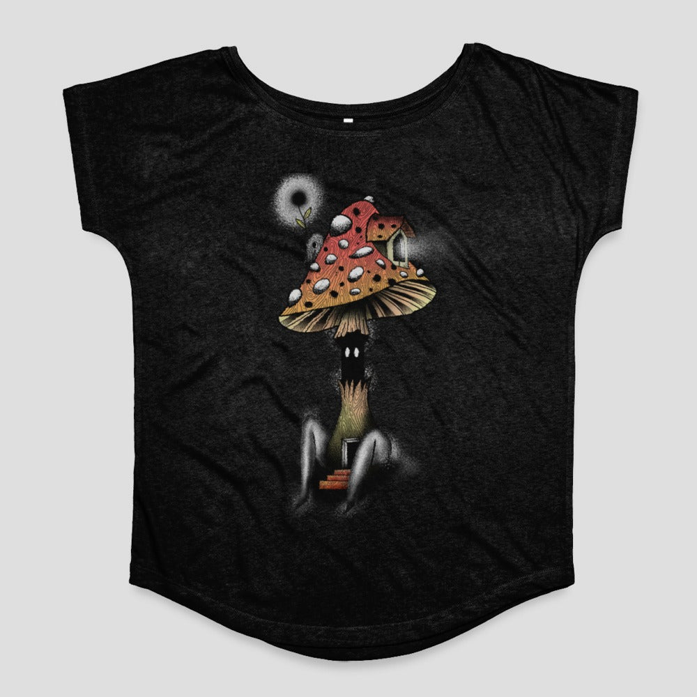 Whimsical Mushroom House with Stairs Illustration Shirt