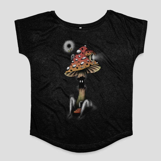 Whimsical Mushroom House with Stairs Illustration Shirt