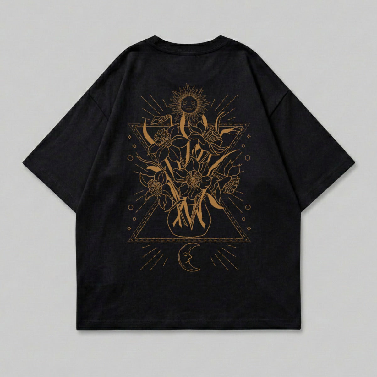 Black tee golden sun moon floral vase mystic triangle art product type