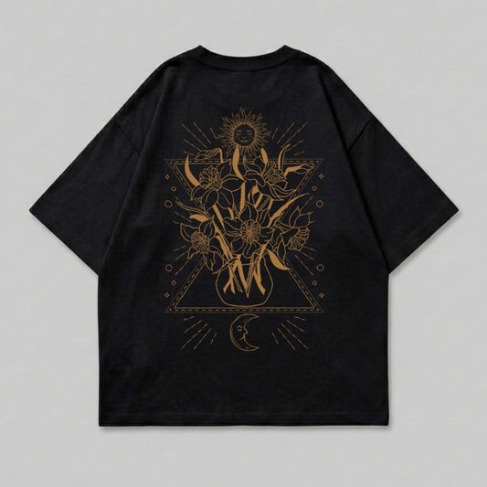Black tee golden sun moon floral vase mystic triangle art product type