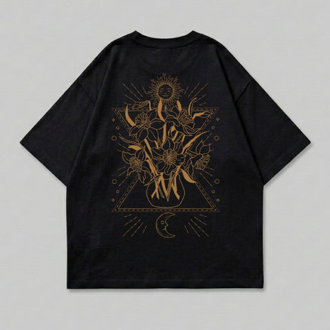 Black tee golden sun moon floral vase mystic triangle art product type