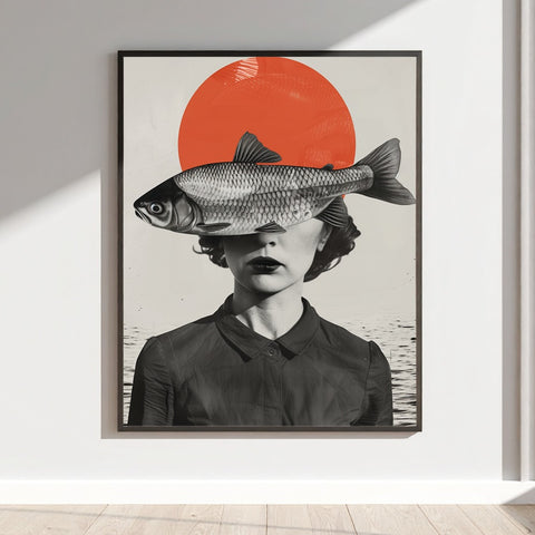 Surreal Art Print Woman with Fish Over Eyes Poster
