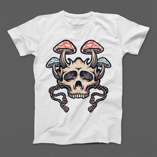 Psychedelic Skull with Mushrooms Graphic T-Shirt