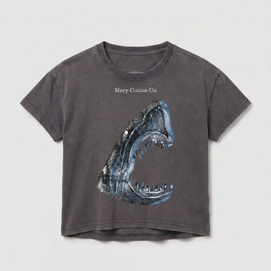 Dark grey t-shirt with a distressed print of a shark's open mouth and "Mary Cotton Co." text.