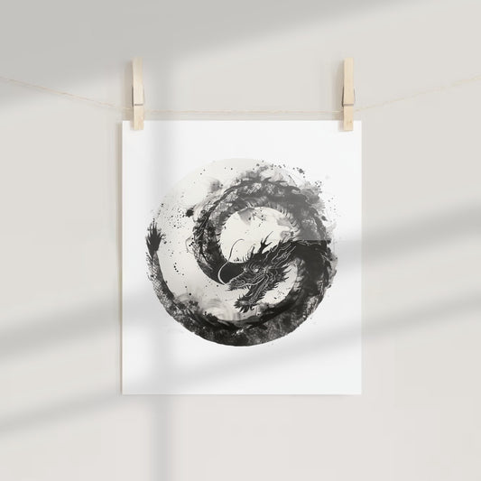 Abstract Black Dragon Circle Art Print Decor